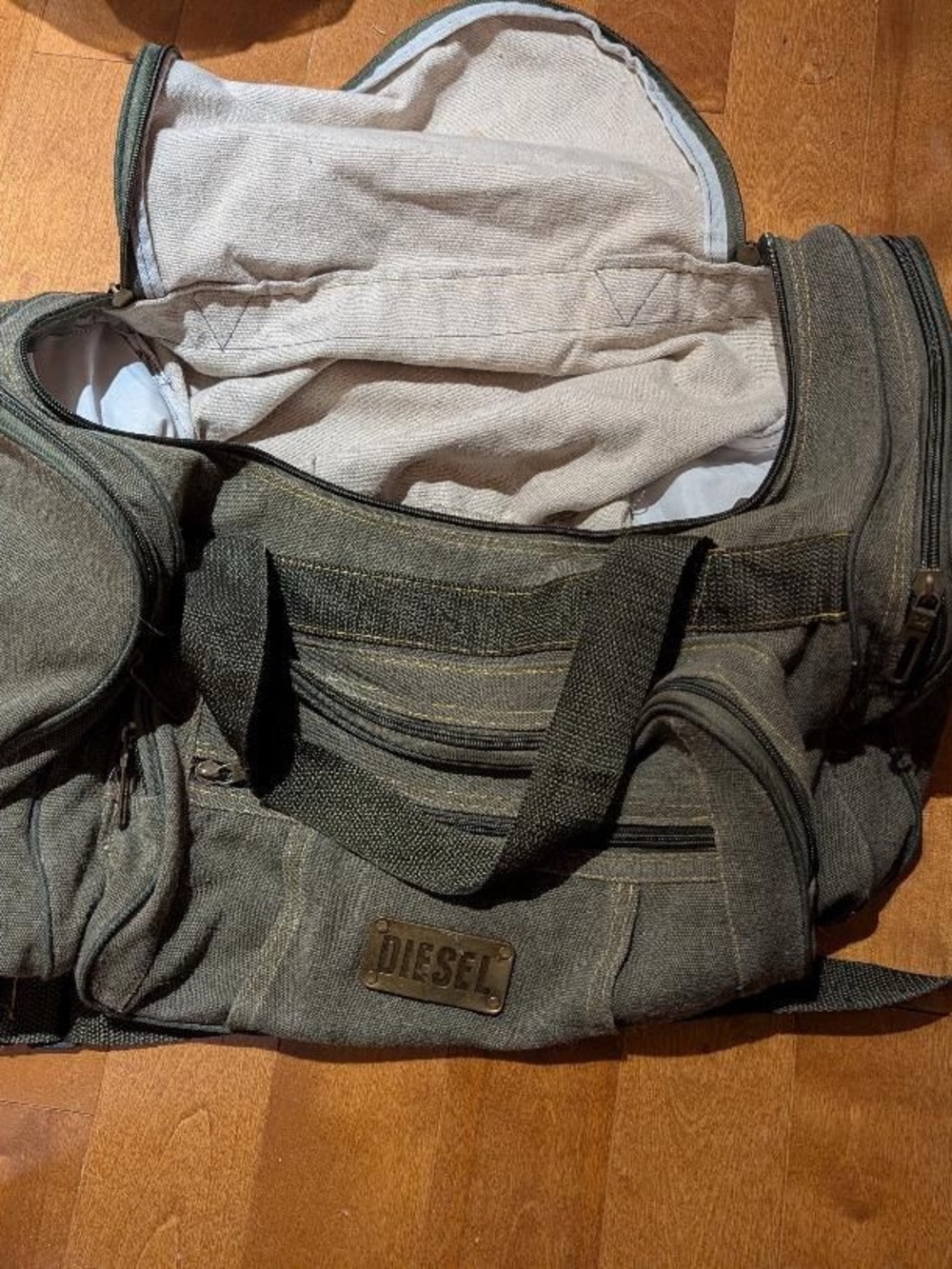 Diesel Olive Green Canvas Duffel with Multiple Exterior Pockets
